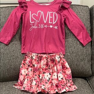 Girls Pink Ruffle Sleeve Top and Floral Skirt Set Size 2-3Y